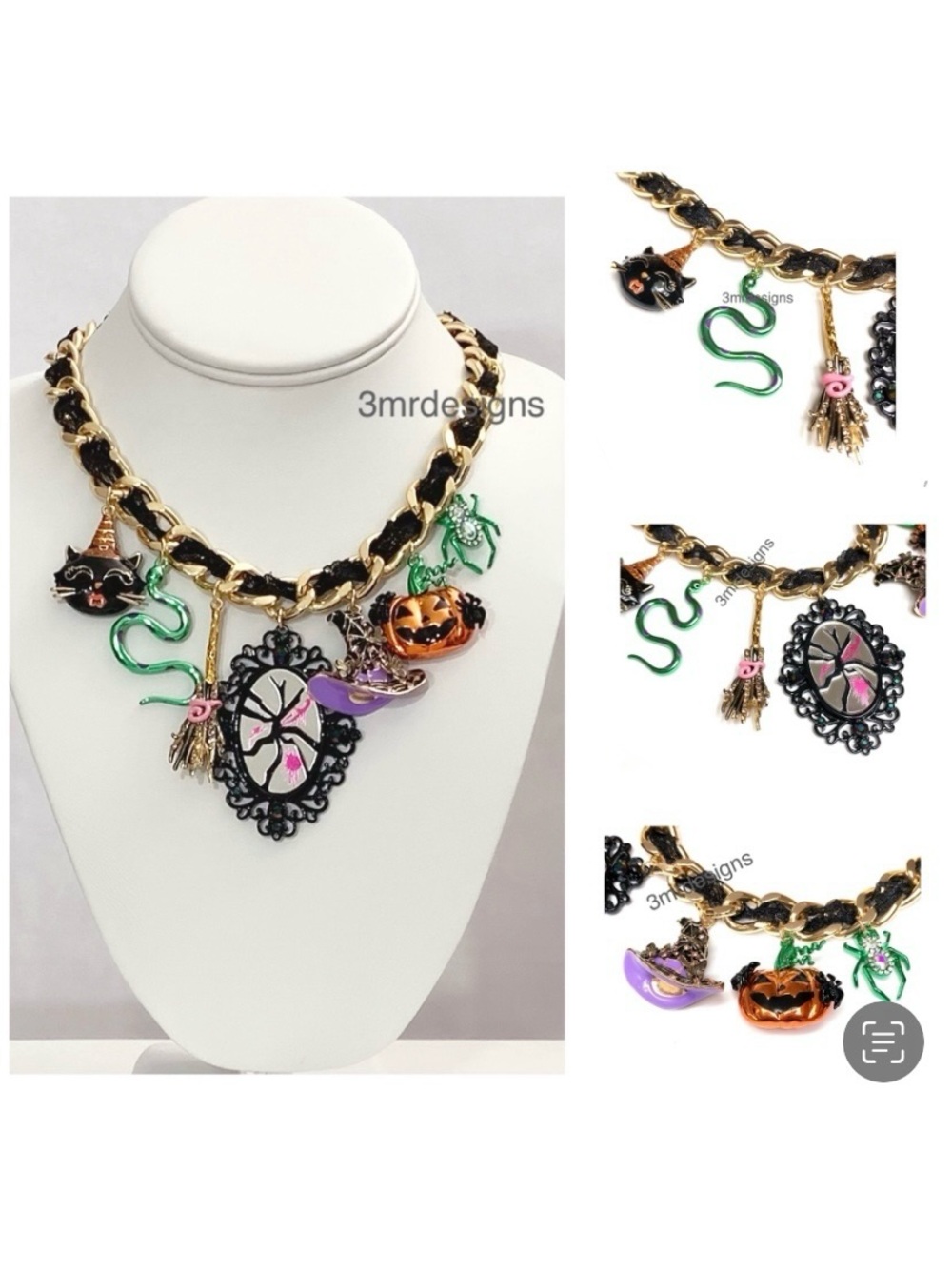 NWT Betsey J. 💋WITCHY LACE FRONTAL CHARMS Gold Tone Glass Crystals Necklace